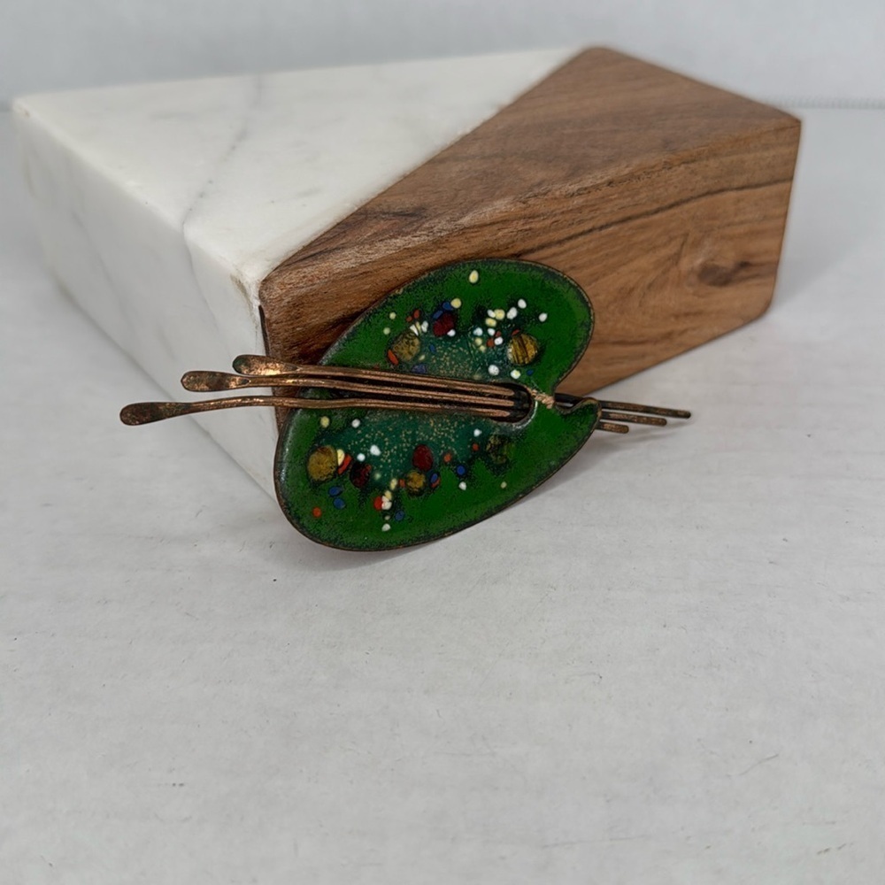 1950s Matisse Artist Palette Green Enamel Copper Mid Century Statement Brooch B1